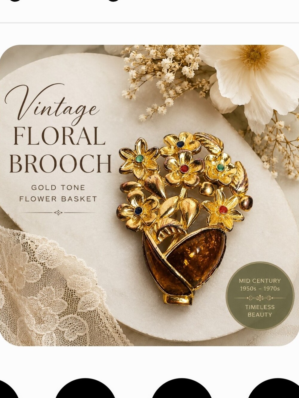 Vintage Gold Tone Floral Basket Brooch Amber Lucite Mid Century Pin